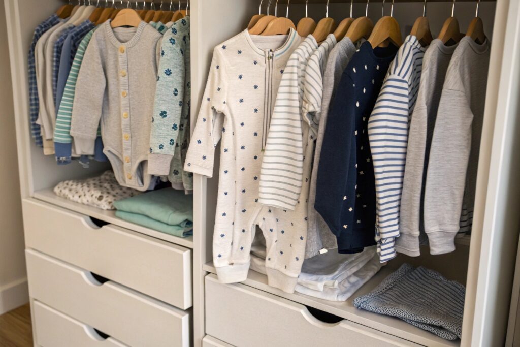Baby wardrobe with a variety of onesies and clothes, neatly arranged on hangers