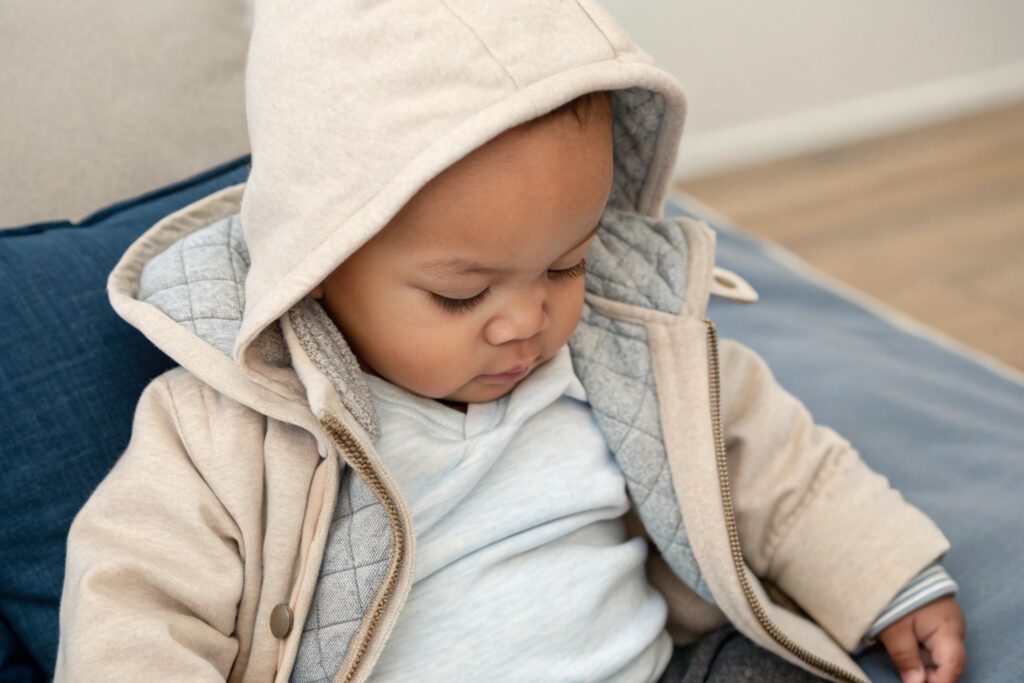 baby boy wearing a cozy hooded jacket and layered outfit, seated comfortably