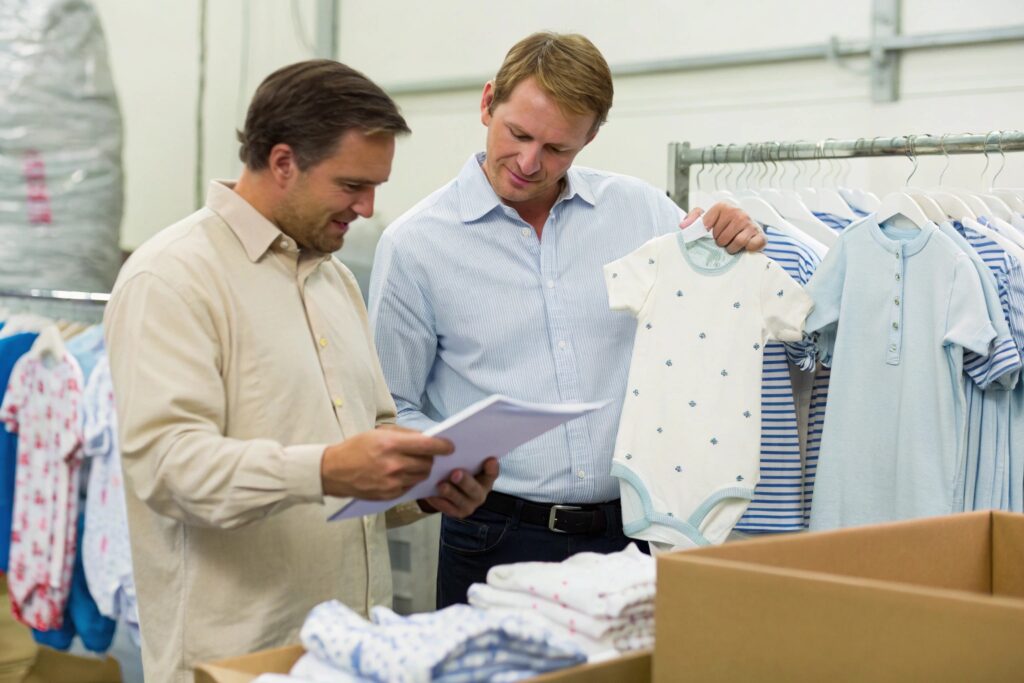 Two individuals discussing a kids' clothing sample while reviewing a document