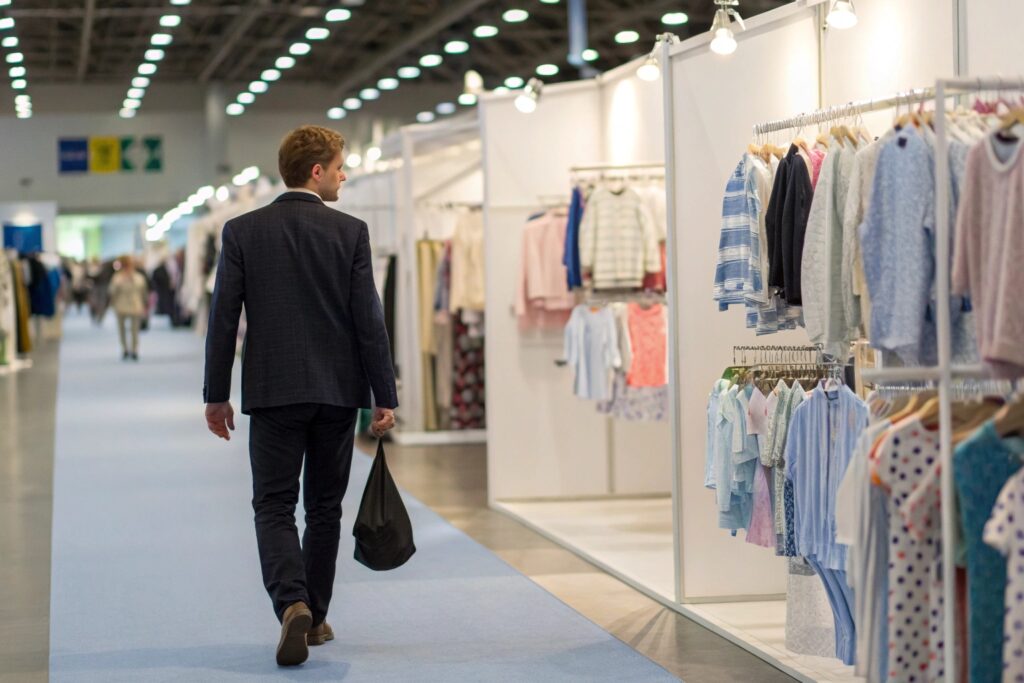 business owner walking at a trade show, exploring kids' clothing displays