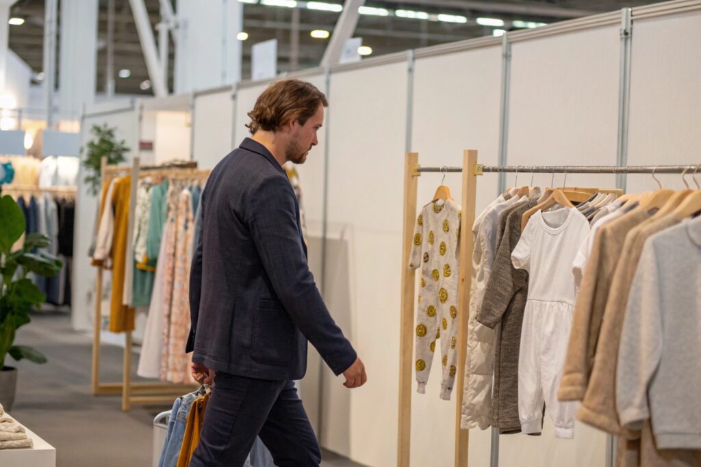 Business owner at ethical fashion trade show for kids' clothing business owner walking through ethical fashion trade show, examining kids' clothing