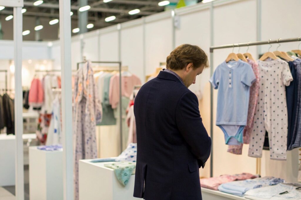 business owner attending a trade show, examining children's clothing collection