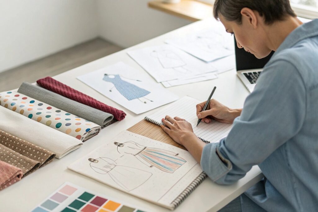 Fashion designer sketching new dress ideas with fabric samples