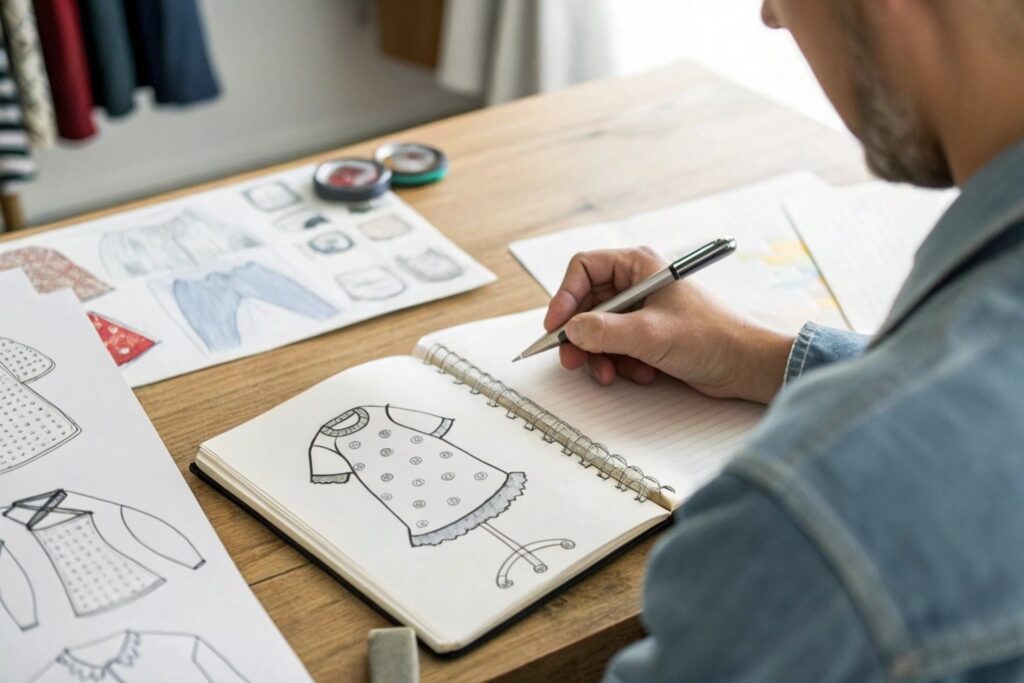 Designer sketching children's clothing ideas in notebook