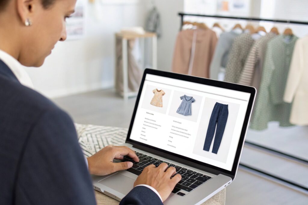 Business owner browsing kidswear catalog on laptop