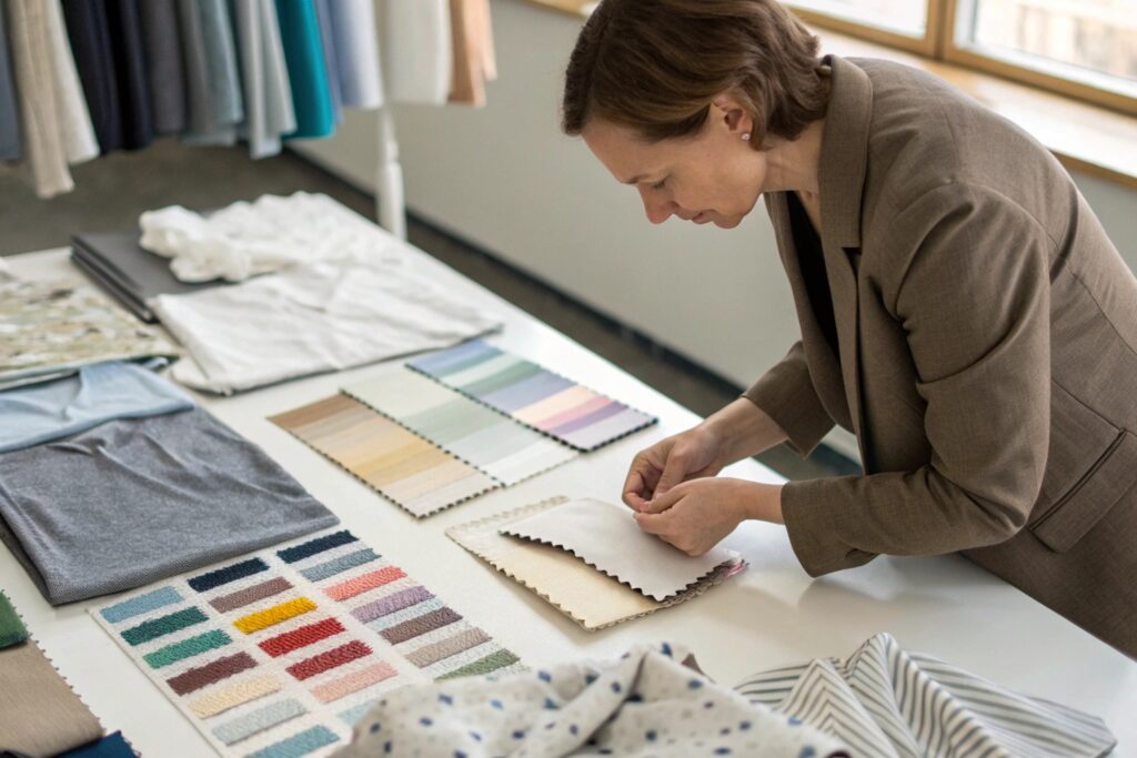 Business owner comparing fabric samples