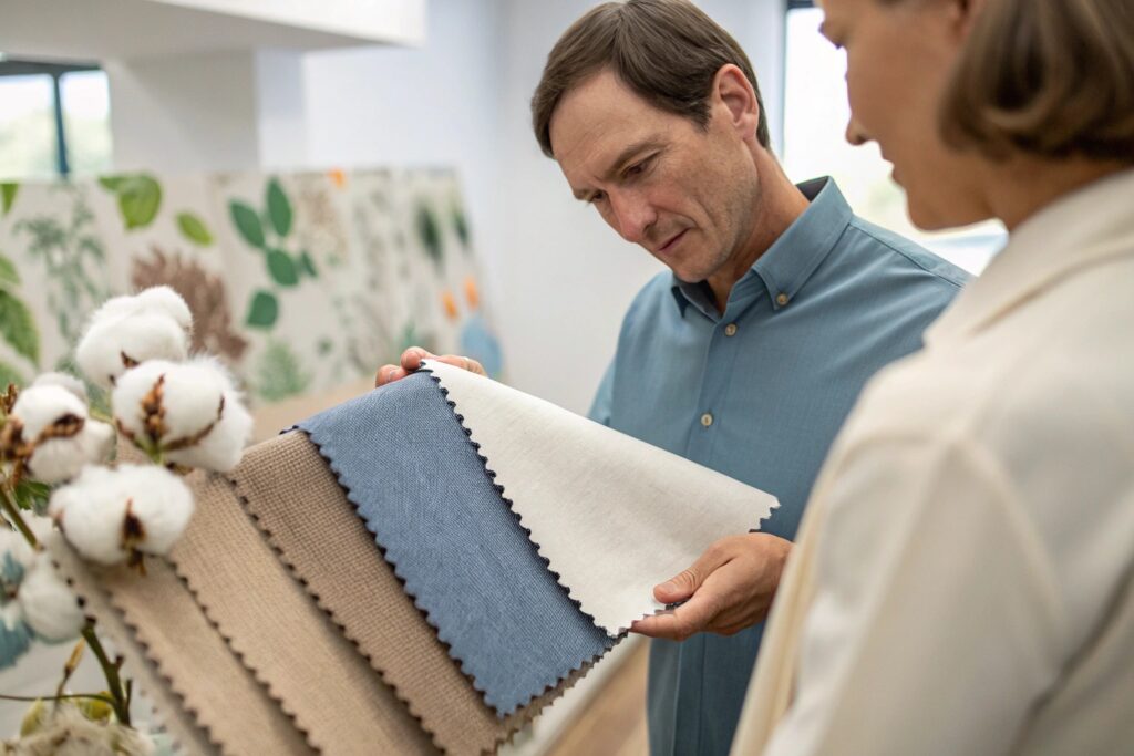 Business owner comparing organic fabric samples