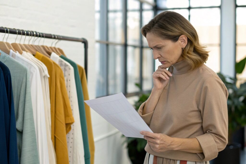 Business owner reviewing clothing samples