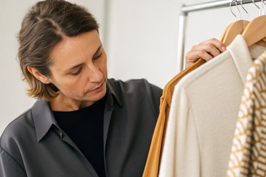 Business owner comparing garments
