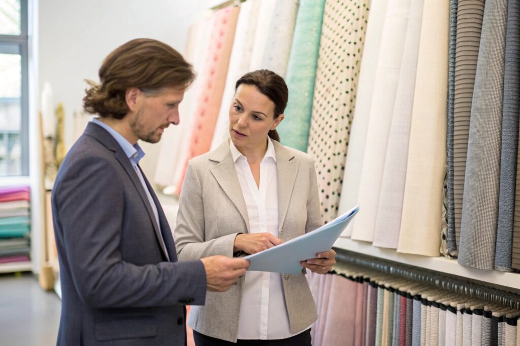 Business owner discussing fabric selection