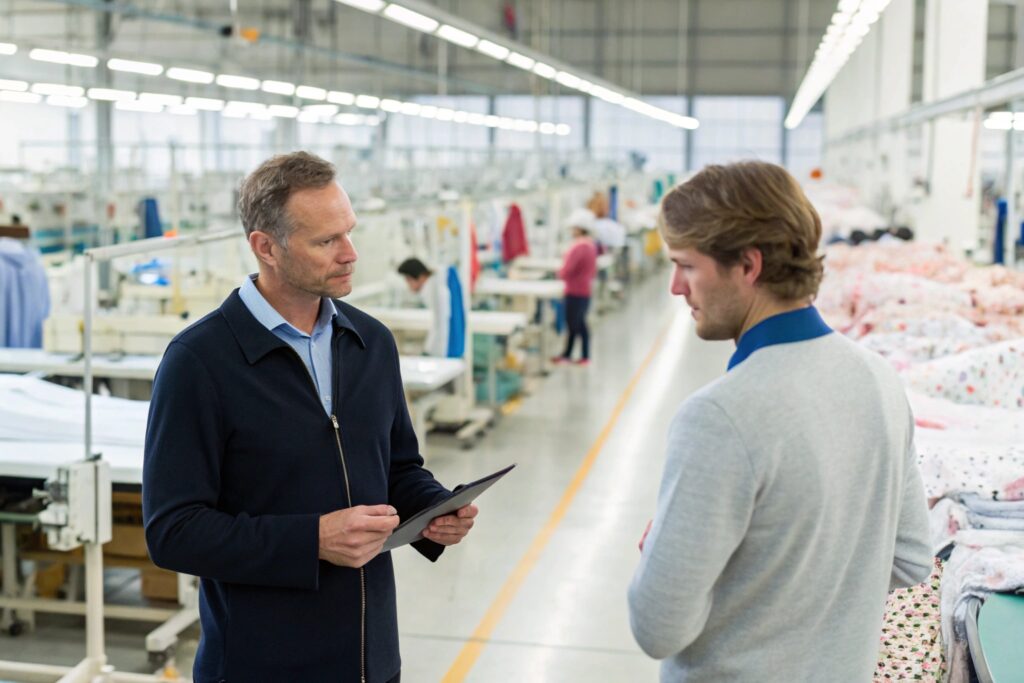 Two individuals discussing production details in a clothing factory