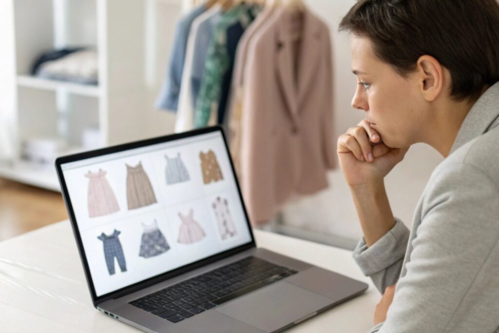Business owner evaluating clothing designs