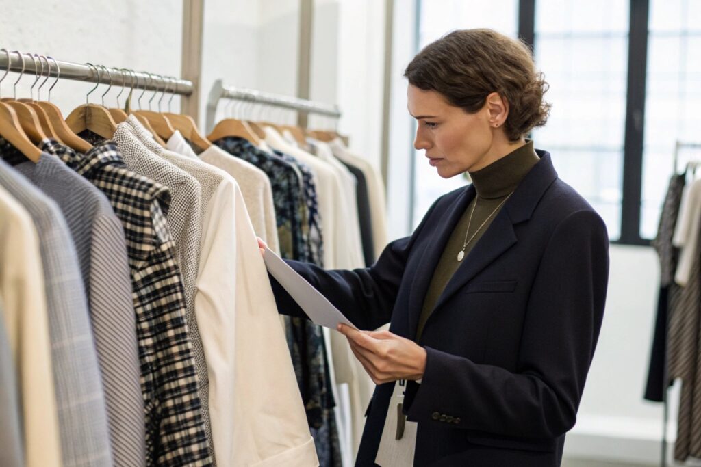Business owner evaluating garments