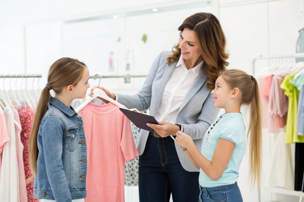 Business owner helping a parent choose clothes