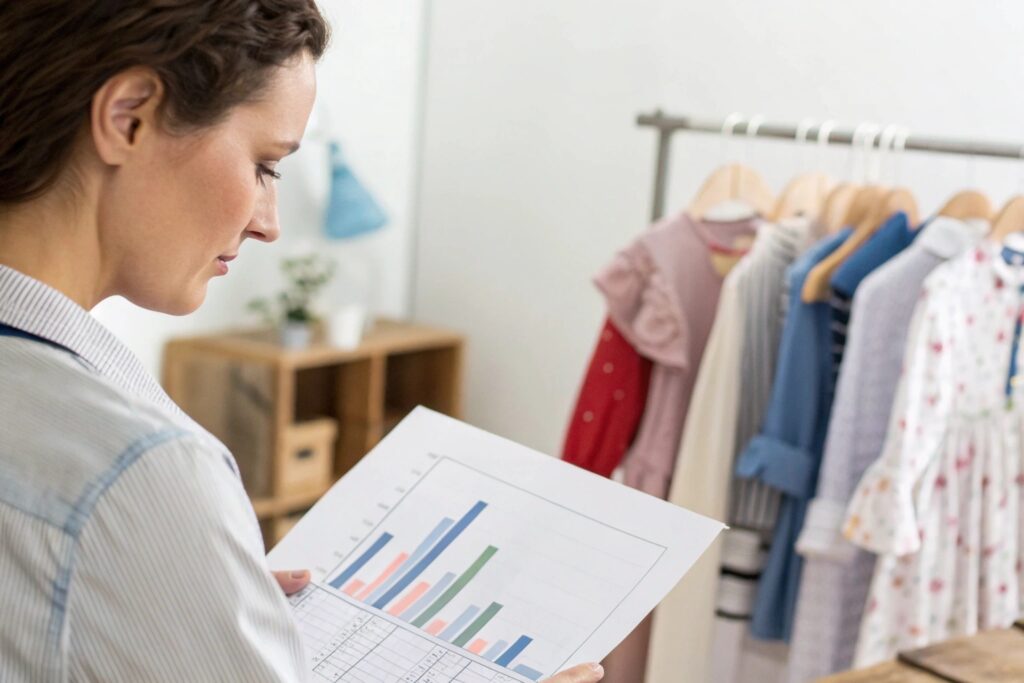 Woman analyzing sales chart near children's clothing rack