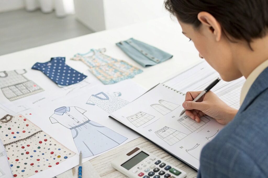 Designer reviewing dress patterns and fashion sketches