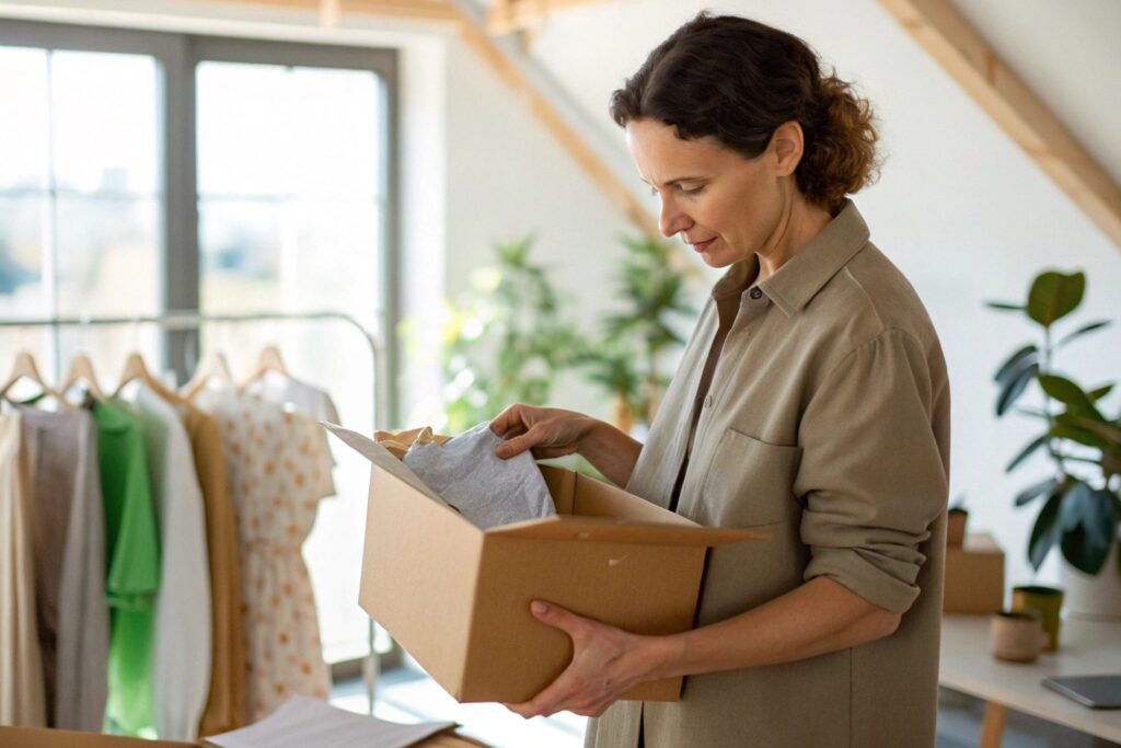 Business owner reviewing eco-friendly packaging