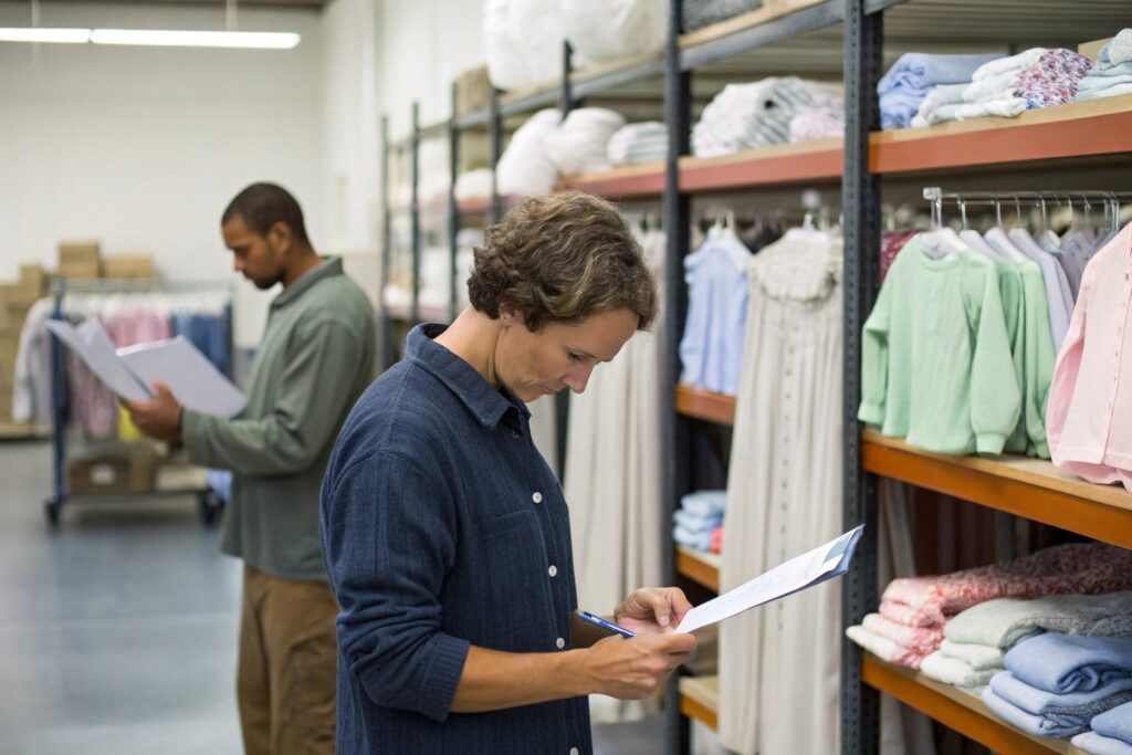 Business owners reviewing inventory and checking documents in the warehouse