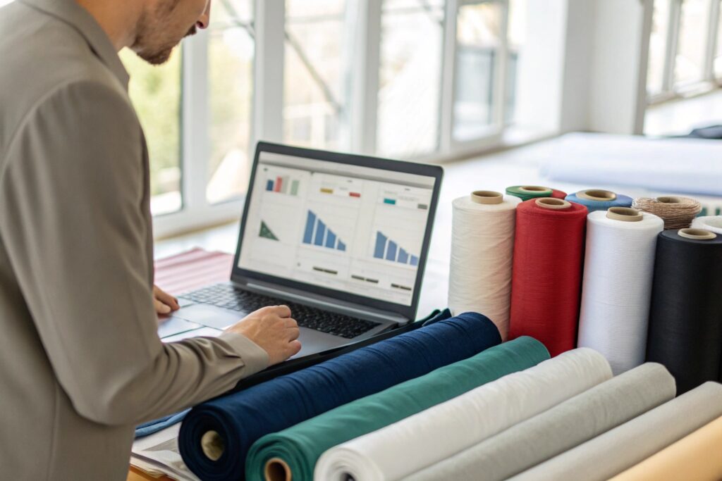 Business owner analyzing fabric data