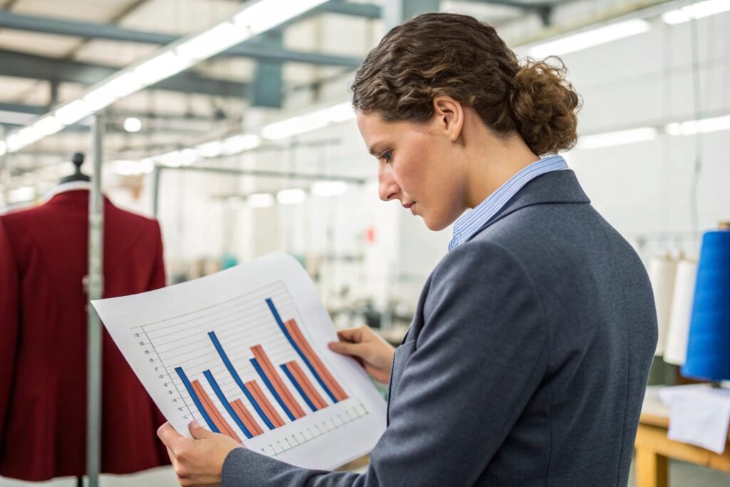 Business owner analyzing factory data