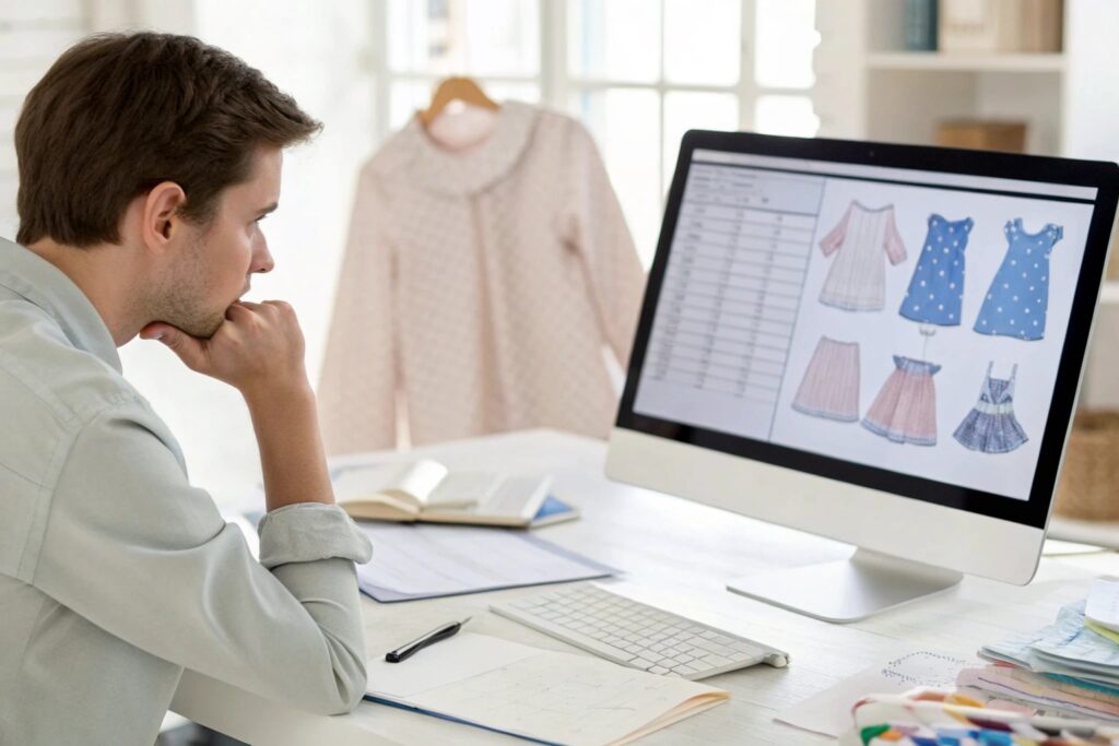Business owner reviewing clothing designs