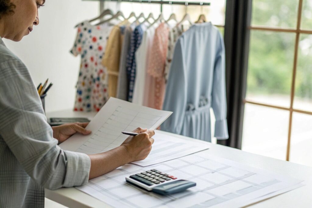 Woman checking garment inventory sheets with calculator