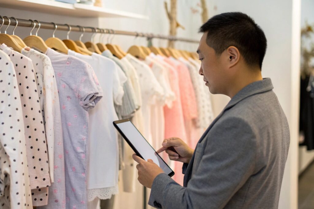 A person using a tablet while inspecting kids' clothing on a rack
