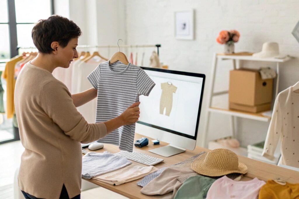 Woman reviewing striped baby clothes for online store