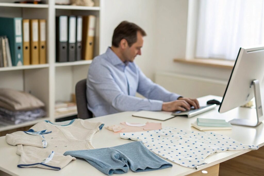 A person typing on a computer while reviewing kids' clothing samples