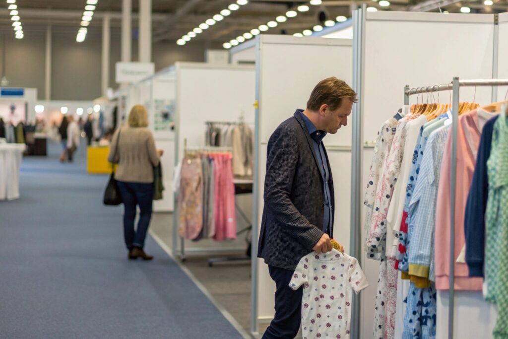 A person walking through a trade show booth, examining kids' clothing displays