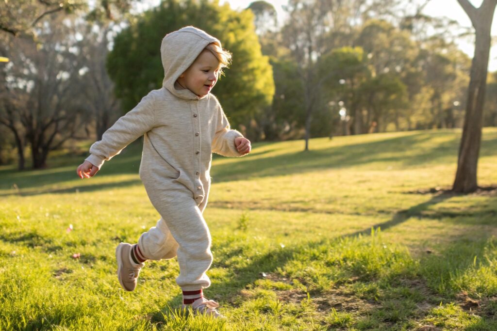 Child playing in hoodie jumpsuit