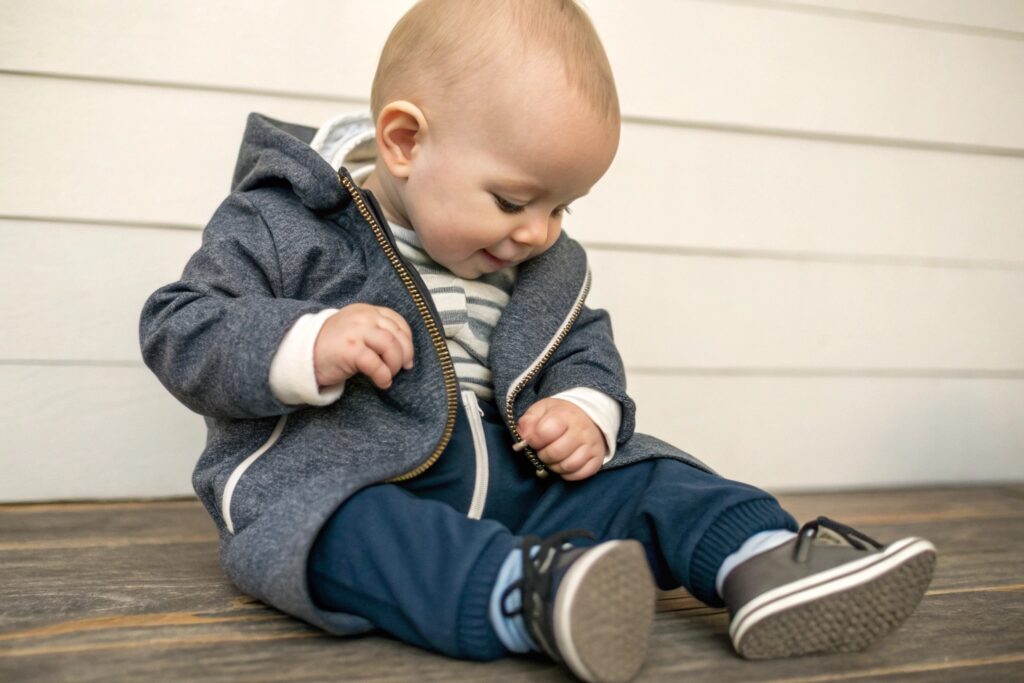 Child happily putting on a striped baby shirt, showing ease and comfort
