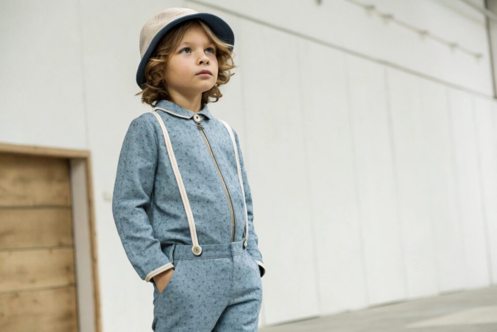 Child wearing stylish retro-style blue outfit with suspenders and hat