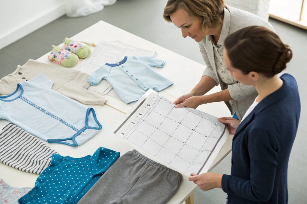 Business owner and designer discussing baby clothing samples