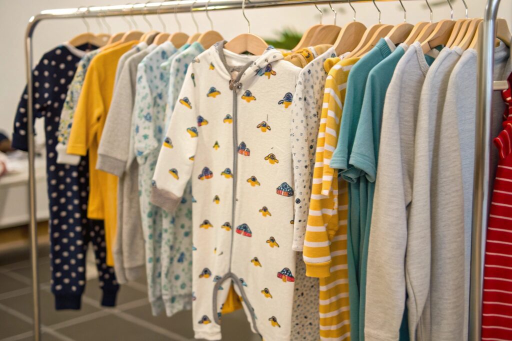variety of children's clothing displayed on a rack, including onesies and shirts with playful patterns