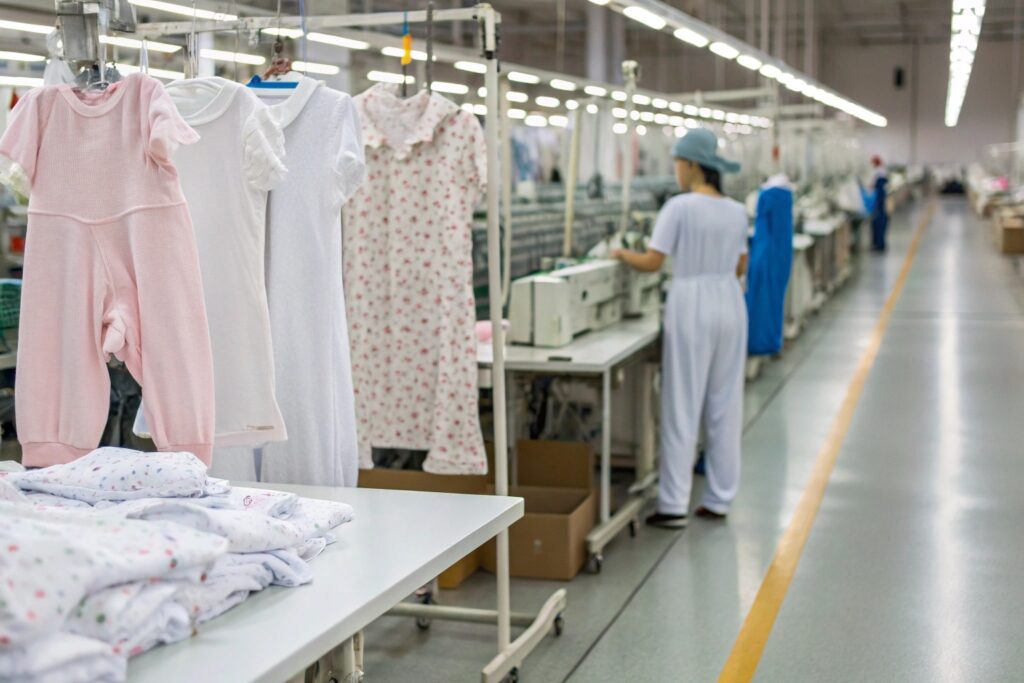 Baby clothing items on hangers in a factory with workers sewing garments