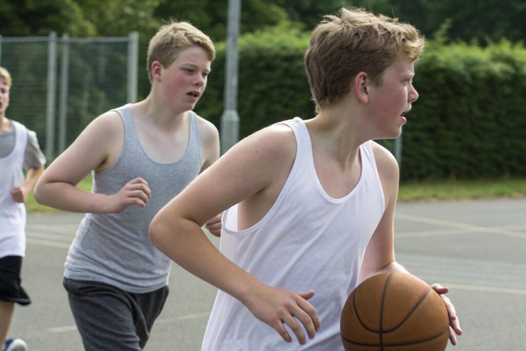 Teen boys in tank tops playing basketball outside
