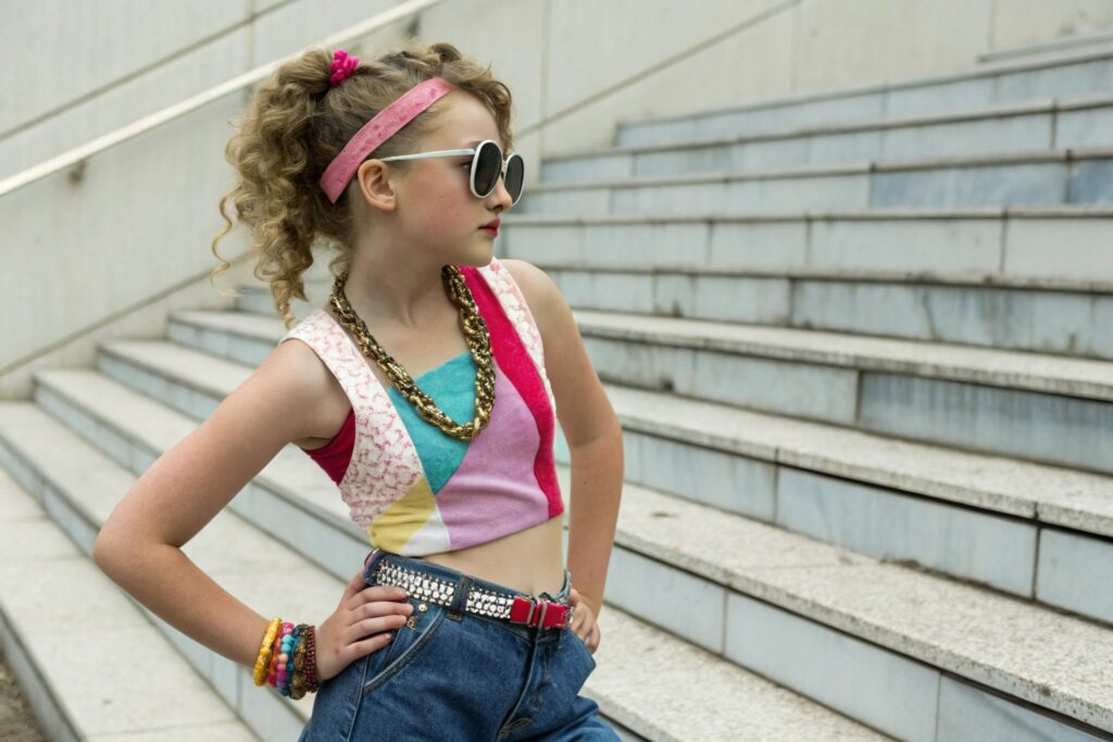 Stylish girl in colorful top and jeans posing on steps