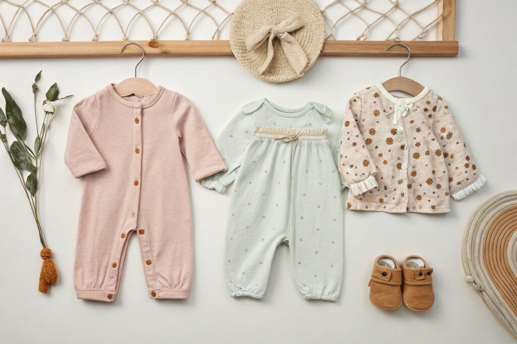 baby clothing collection with onesies, cardigan, shoes, and accessories on display