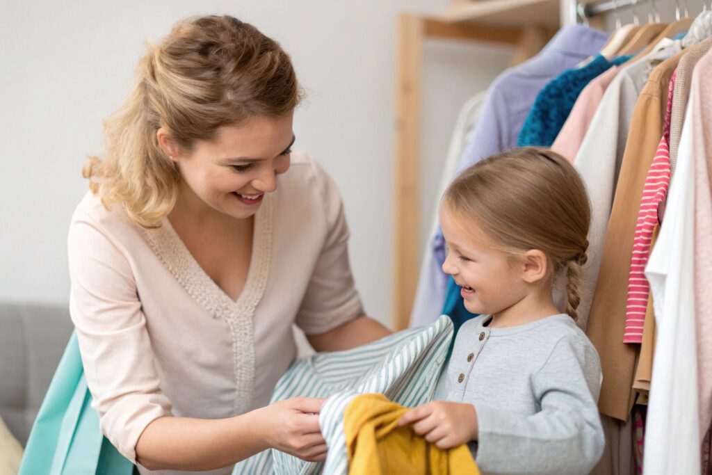 Mother and daughter happily choosing clothes together