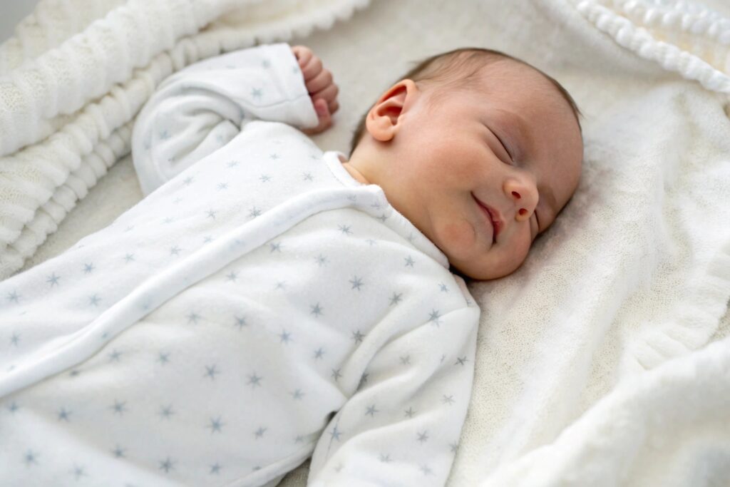 Newborn in soft cotton star-print onesie