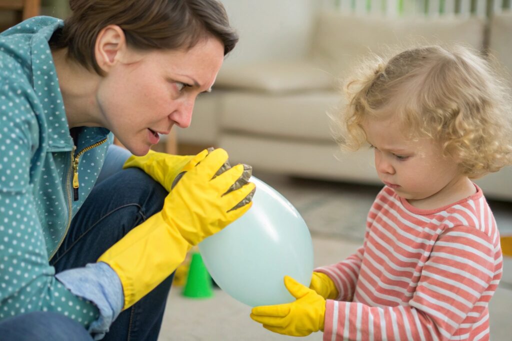 Woman and toddler holding balloon together indoors
