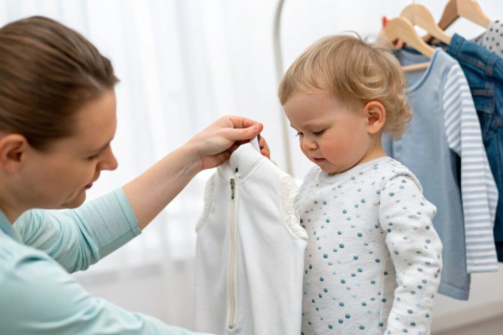 Woman showing toddler a white zip-up vest
