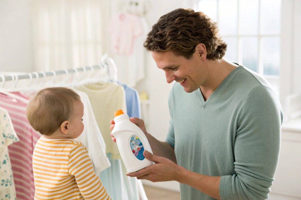 Father showing baby laundry detergent bottle in nursery