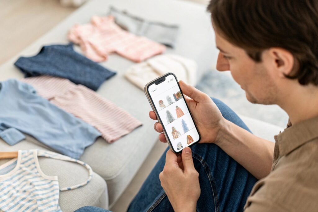 Parent browsing clothing on smartphone