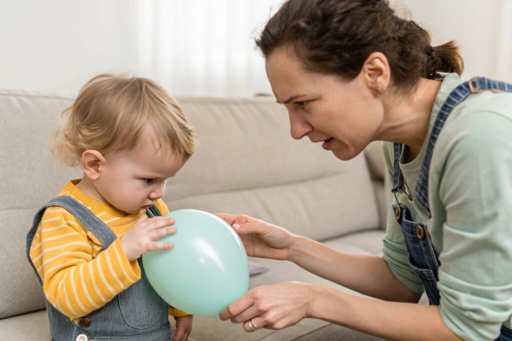 Woman guiding toddler holding green balloon on sofa
