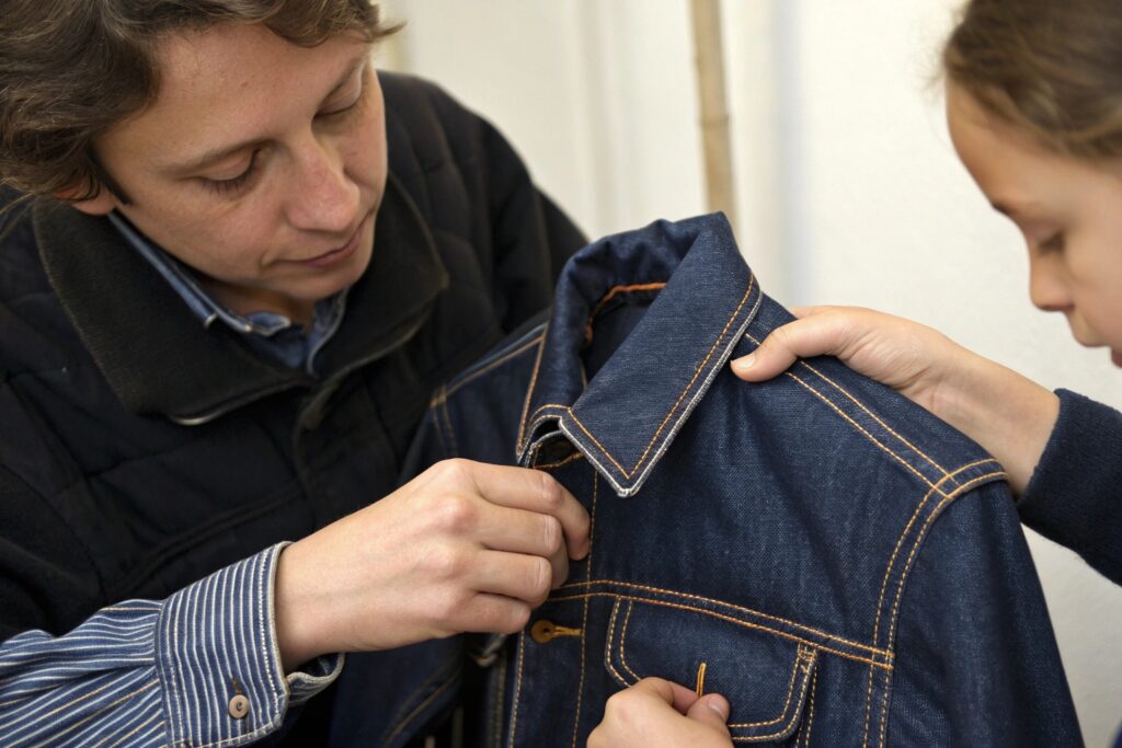 Two people inspecting denim jacket stitching