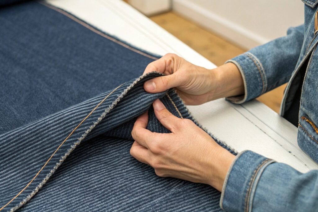 Hands checking denim fabric texture and quality