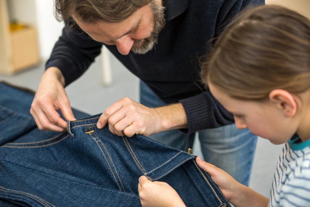 Man and girl inspecting denim fabric together