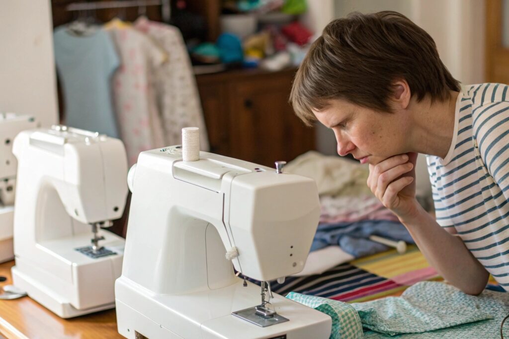 Woman inspecting sewing machine and fabric in workshop